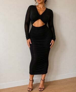 Mistress Rocks LA Black Cutout Ruched Midi Dress Long Sleeve Large
